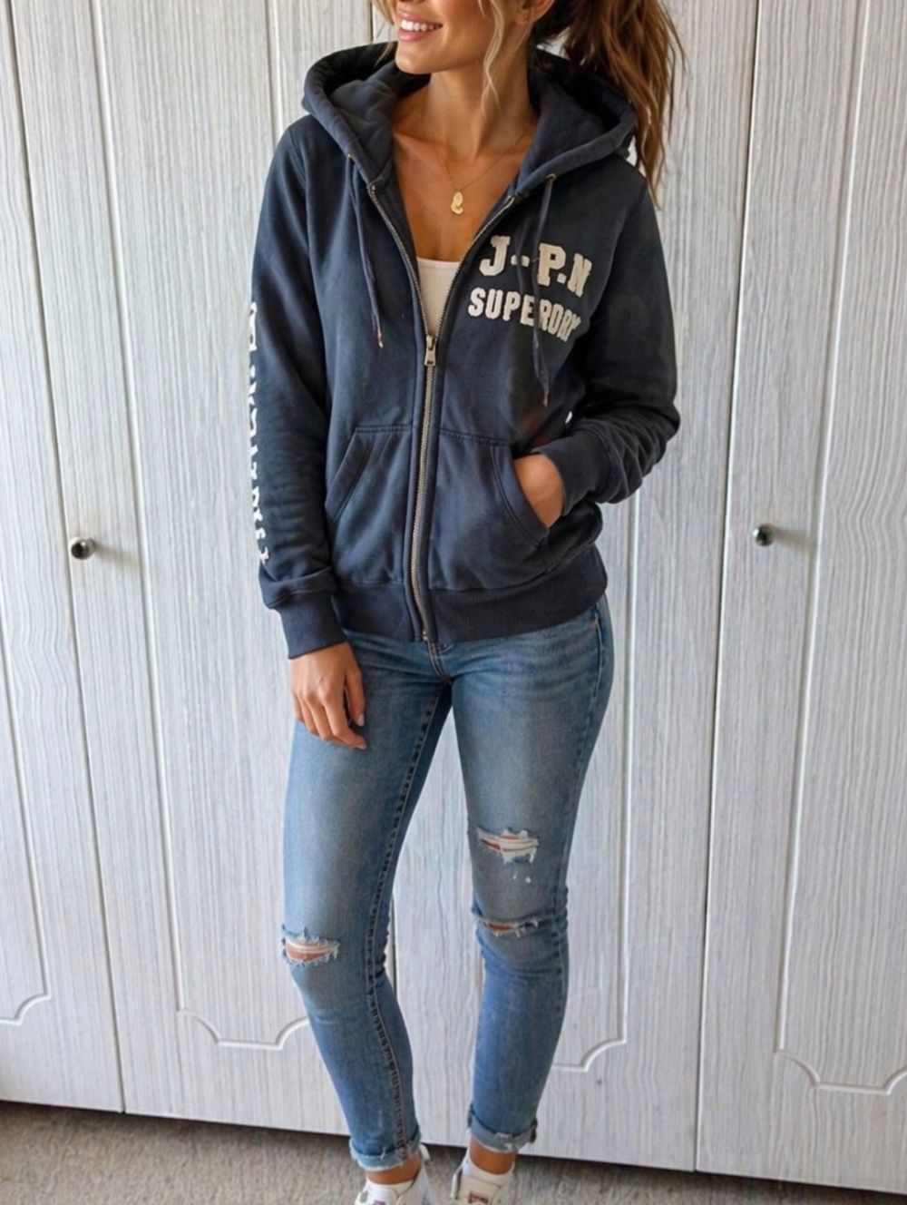 SUPERDRY Womens/Mens Navy Zip-Up Hoodie with White Appliqué, Size Small